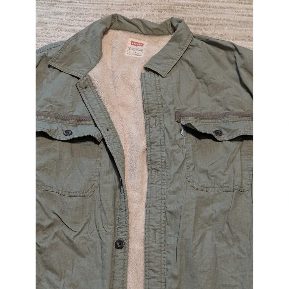 Levis Shirt Jacket Mens XL Olive Green‎ Sherpa Lined Ripstop Shacket Workwear